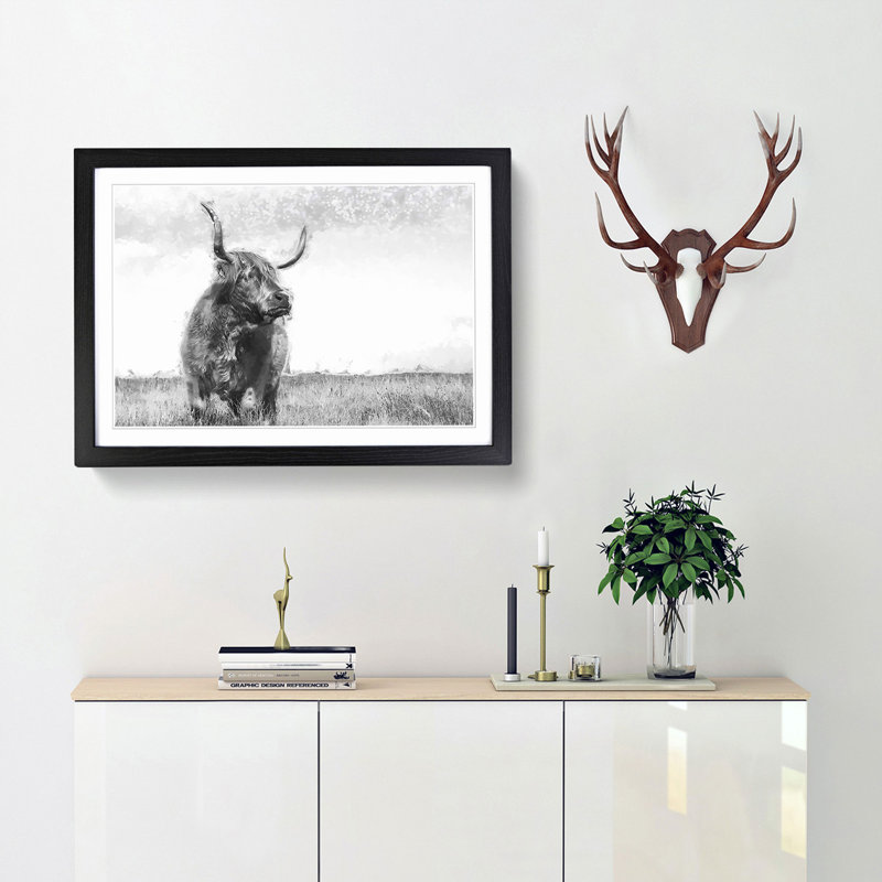 Highland Cow in Abstract - Framed Print, 36cm H x 48cm W x 2cm D, Black Framed