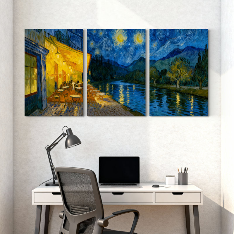Abstrait Van Gogh, nuit, café, ciel étoilé, rivière, paysage, ensemble de 3 impressions sur toile, H 18 po x l 36 po