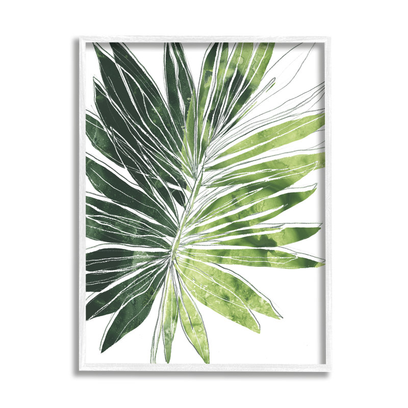 Green Pop Palm Leaves Expressive Linework - Reproduction d'art, H 20 po x l 16 po, Giclée encadrée blanc bord de mer