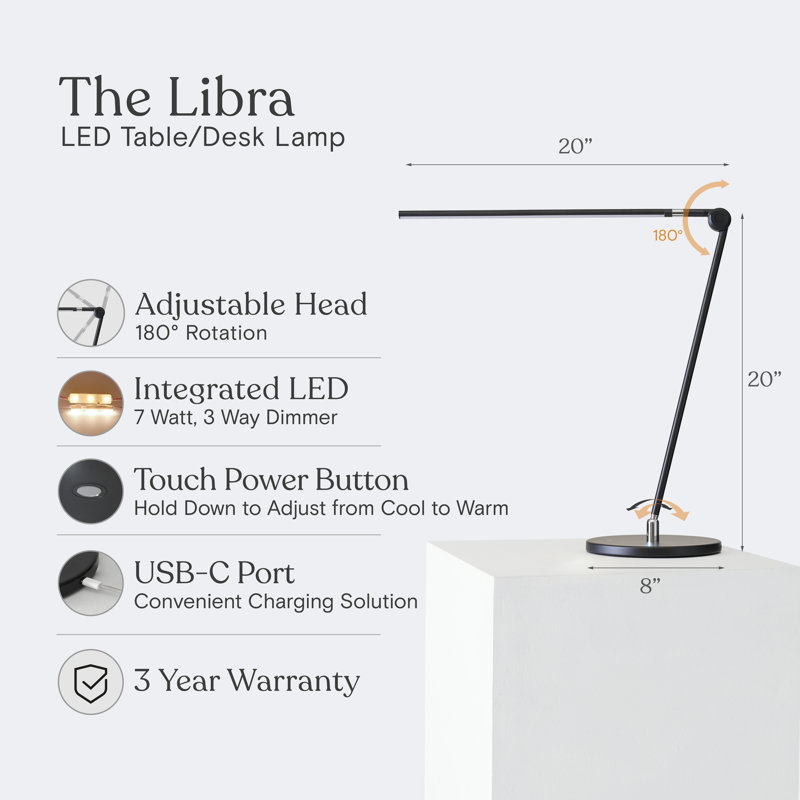 Libra 39 in. Dimmable LED Industrial Desk Lamp with USB-C Port and Adjustable Lamp Head, Black