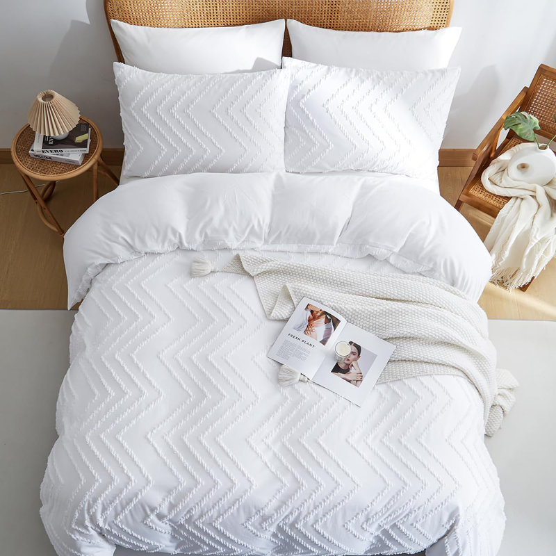 Embroidery Shabby Chic Duvet Cover Set Wave Pattern Microfiber Boho Comforter Cover Set, White