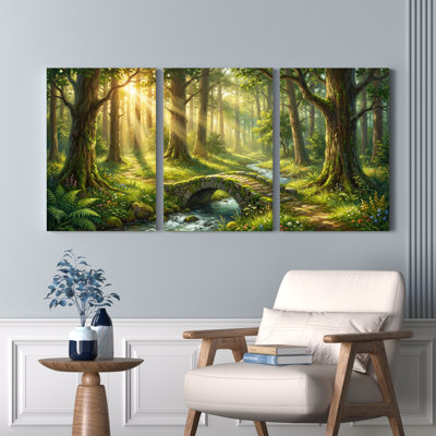 Sunlight Forest Stream Bridge Canvas Wrapped Wall Art Oil Painting Print Set Of 3
