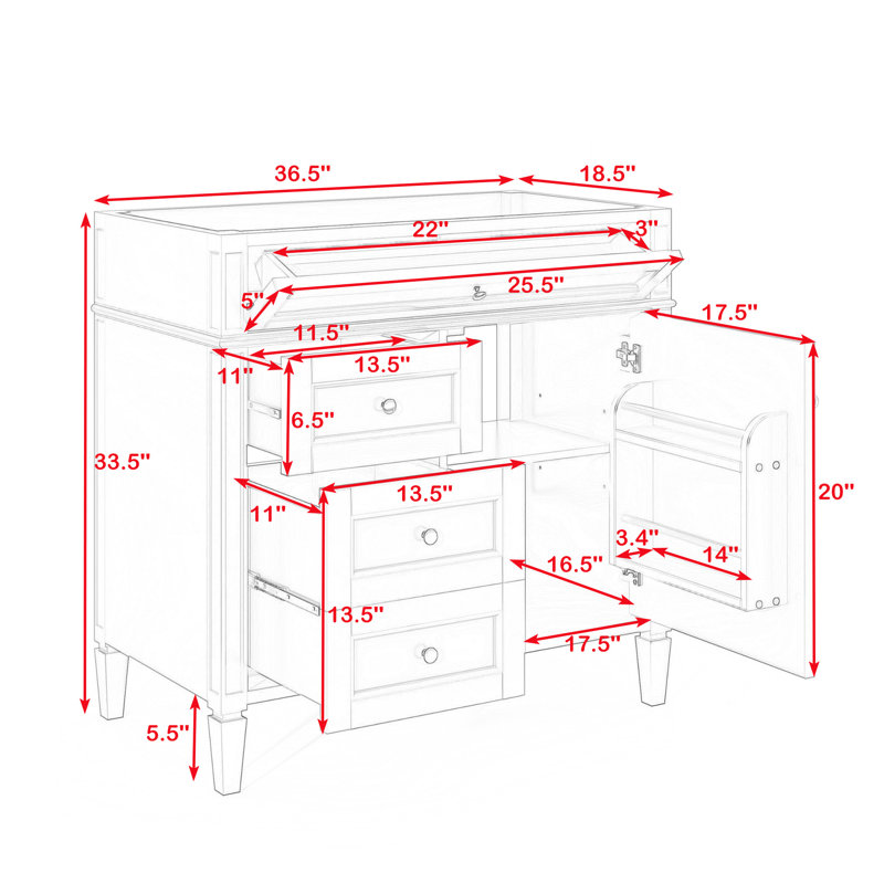 Bathroom Vanity without Top Sink, Bathroom Storage Cabinet with 2 Drawers and a Tip-out Drawer, Blue, Gold