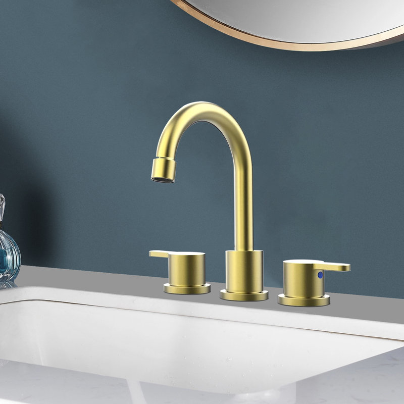 Widespread Bathroom Sink Faucet Brushed Gold 2 Handle 8 Inch 3 Hole 360°Swivel Spout Vanity Sink With Pop Up Drain Assembly
