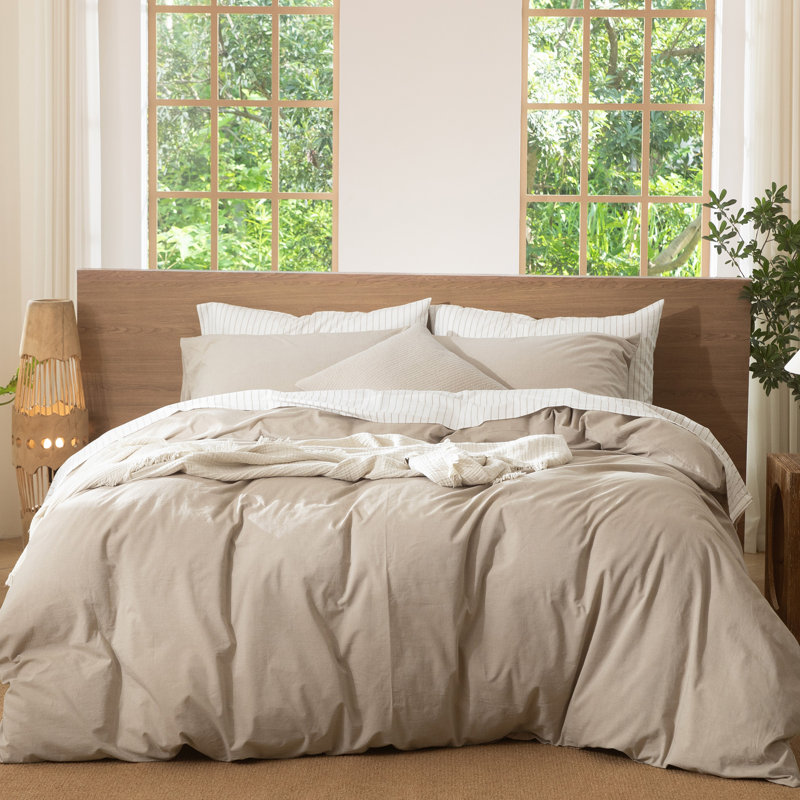 MooMee Lightweight Duvet Cover Set with Zipper Closure 8 Ties 100% Washed Cotton Linen Like Textured Soft Breathable All-Season