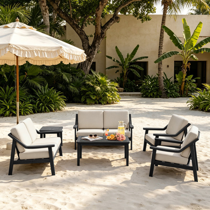 Ensemble de patio pour six personnes avec coussins et deux tables Marlo, Chameau clair, Noir