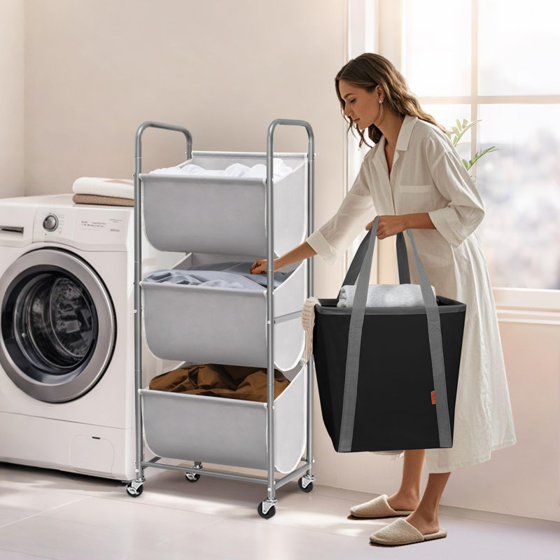 120 Liters Vertical Rolling Laundry Hamper, 3 Section Laundry Sorter With Wheels And 2 Breaks, 3-Tier Laundry Baskets, Gray 3-Tier
