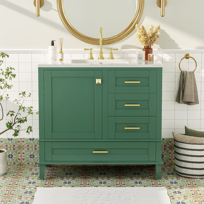 Meuble-lavabo moderne avec cadre en pin massif, 1 porte à fermeture douce et 3 tiroirs, armoire de rangement moderne