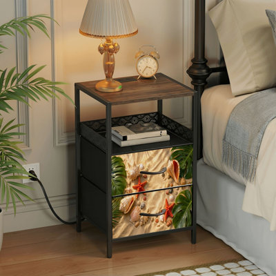 2 Drawers Nightstand with Charging Station, Bedroom Nightstand with USB Ports, Outlets Open Shelf Black, night stand with Beach Sand Sea Shells Starfish Tropical Leaves Print