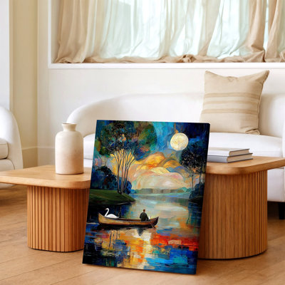 Moonlit Lake Cabin Mountain Landscape Night Sky Canvas Wall Art Print for living room, bedroom, office, hallway, entryway, gallery wall and modern hom