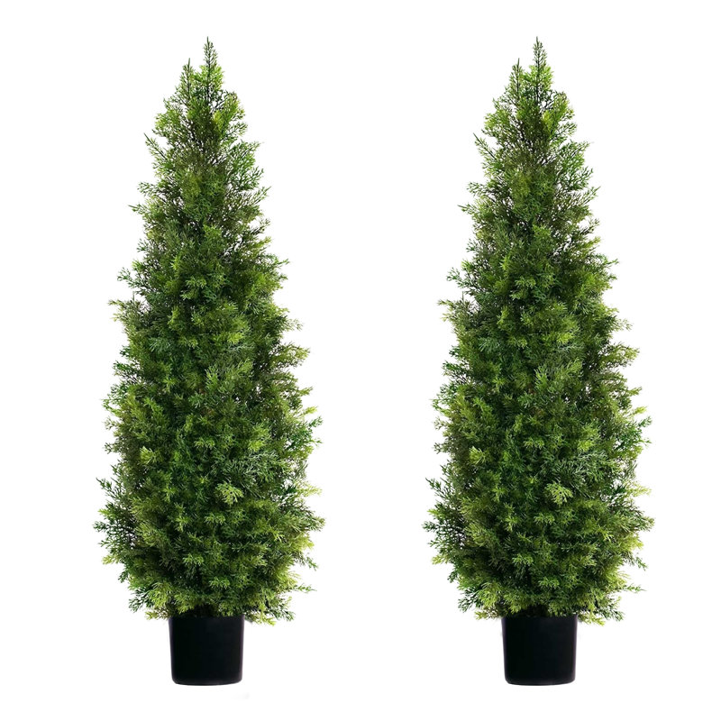 4ft Artificial Cedar Topiary Trees, Set of 2, Faux Evergreen Potted Plants for Outdoor Front Porch & Home Decor