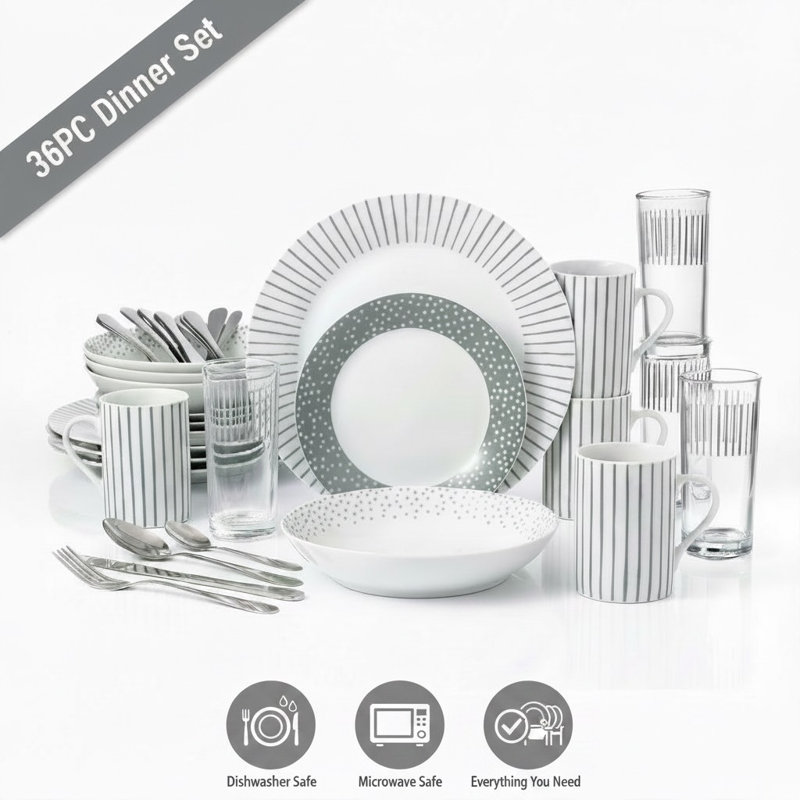 Waterside 36pc Billy Starter Porcelain Dinner Set Including Cutlery