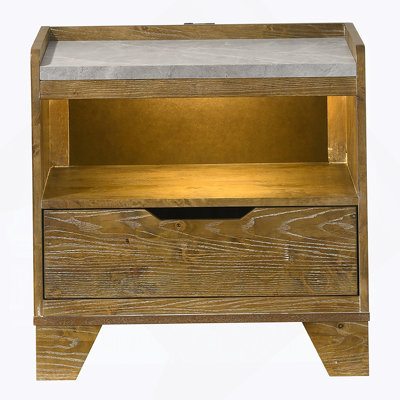 Table de chevet transitionnelle à finition brune avec lumière DEL, ports USB et tablette de tiroir pour les chambres modernes