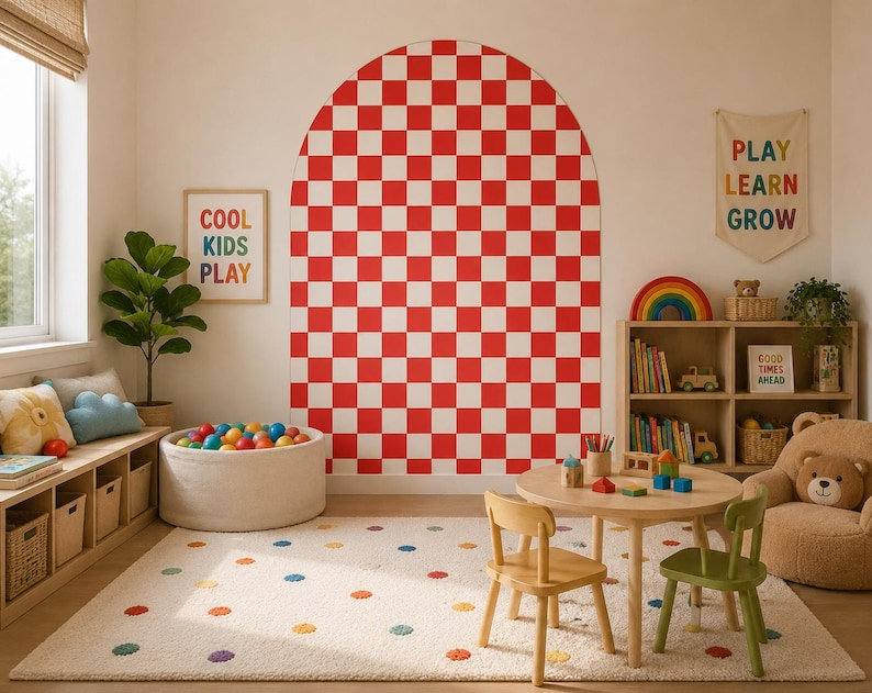 Décalcomanie murale en arche à carreaux rouge et blanc de 66 po de largeur et de 78 po de hauteur, 66" W x 78" H
