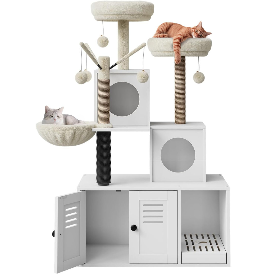 136cm Cat Tree with Litter Cabinet, Hammock, Kennel & Multi-Level Play Tower