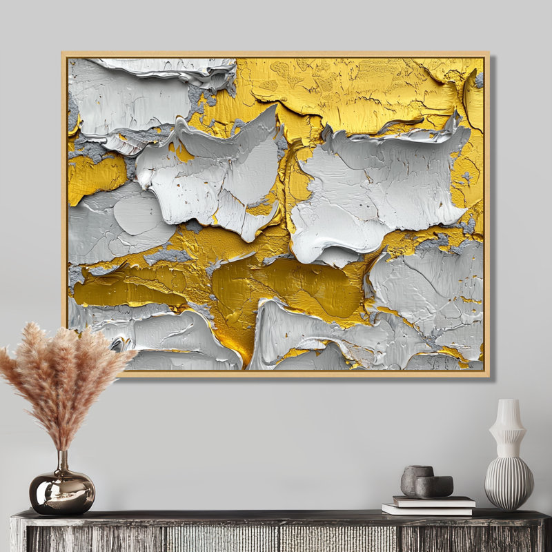 Jaune et gris abstrait Grove Harmony II - Art abstrait de suprématisme, Argent argent, H 12 po x l 20 po, Cadre flottant