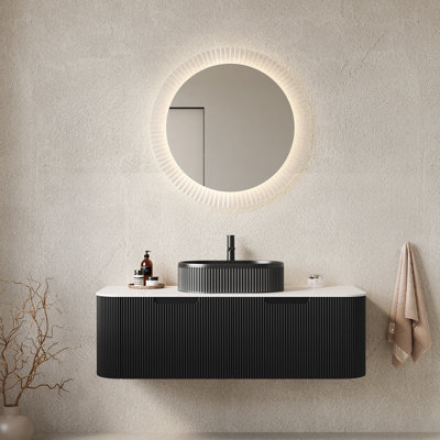 Meuble-lavabo de salle de bain 48 po avec lavabo, meuble-lavabo mural moderne à bords arrondis et courbes avec 2 tiroirs, vasque en céramique noire sans robinet