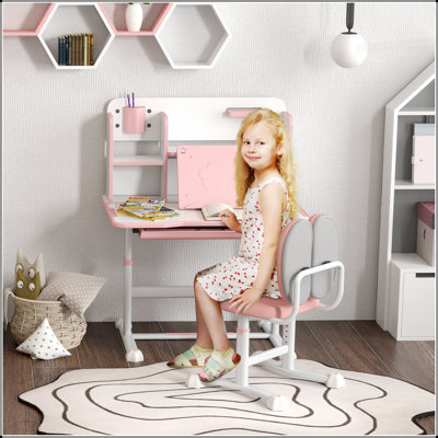 Ensemble de bureau et de chaise pour enfants Qaba, hauteur réglable avec bureau inclinable, tiroir de rangement et support de lecture pour l'écriture, la lecture et le dessin