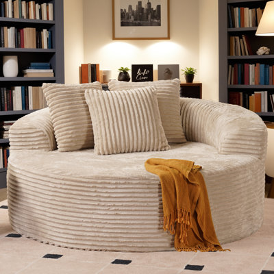 Seren 58" Oversized Round Chair Lounge Chaise, No Assembly Required, Fluffy Modern Sleeper Sofa Bed, Plush Faux Fur & Corduroy Single Sofa For Living Room, Lounge, And Projection Room