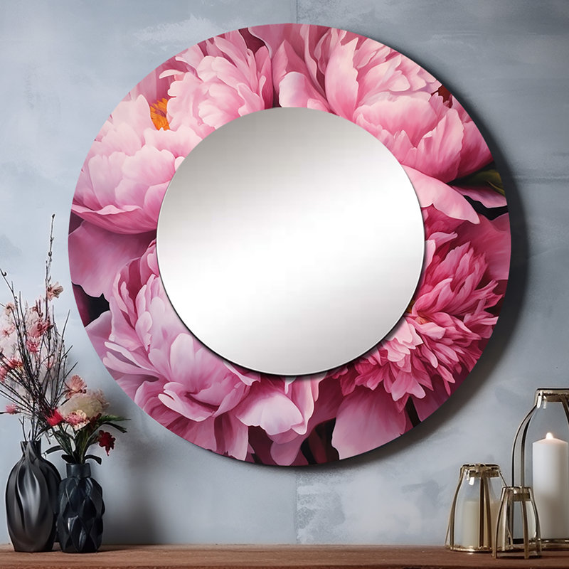 Pivoine rose verte captivante II - miroir mural floral unique, miroir rond rose, impression d'art en métal, 29 po x 29 po