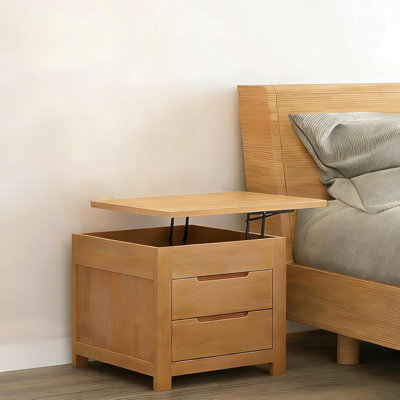 Lift Top Rubber Wood Nightstand With 2 Storage Drawers, Right Side Configuration No-assembly Multifunctional Bedside End Table, Modern Scandinavian Side Cabinet For Bedroom & Small Apartment