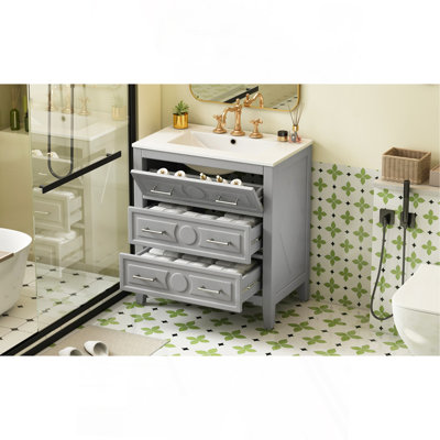 Ensemble de meuble-lavabo simple 30 po avec 3 tiroirs, meuble-lavabo autoportant avec cadre en bois massif 30 po
