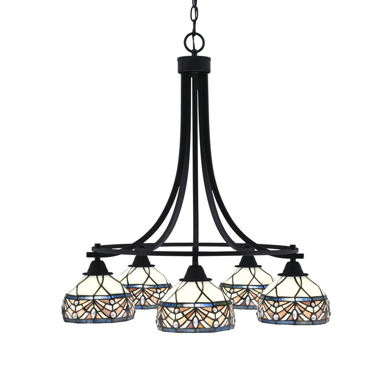 Lustre 5 lumières Paramount présenté dans une finition noir mat avec verre d'art Royal Merlot de 7 po