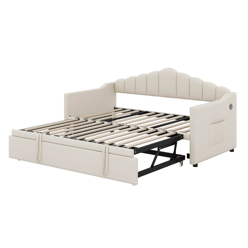 Upholstered Twin Size Daybed With Pop Up Trundle  And 2 Side Pockets, Beige