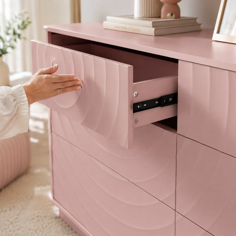 Commode 6 tiroirs Rundelle avec motif de grain en spirale 3D et conception ondulée sans poignée, Rose