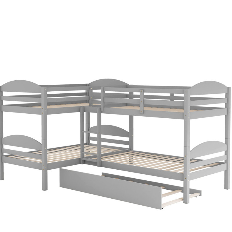 Lit simple superposé en forme de L avec lit gigogne gris - et lit gigogne fiable, sans sommier