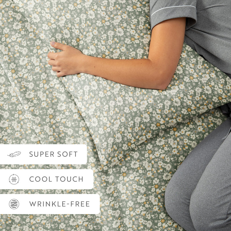 4 Piece Sheet Set Patterned Microfiber Ultra Soft Bedding in Floral Dream, Green, Queen