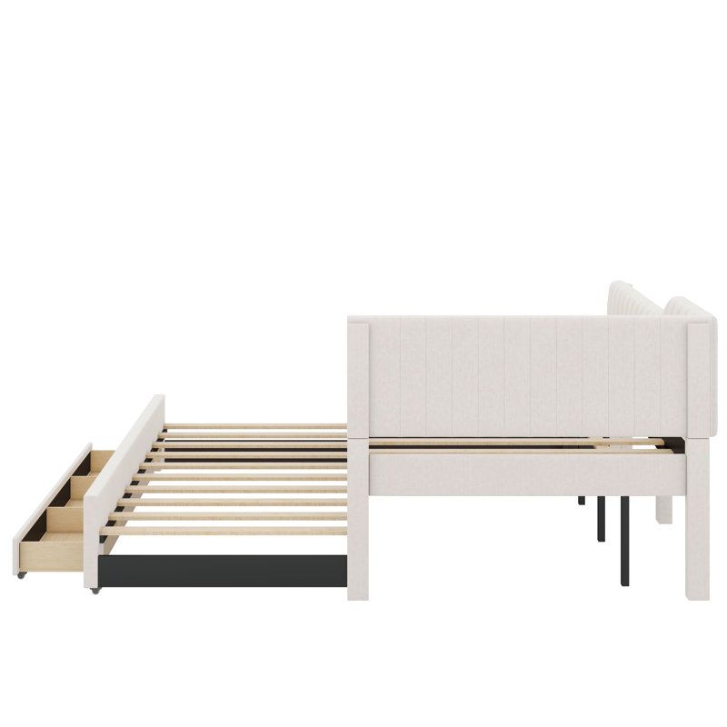 Lit de jour double rembourré avec lit gigogne et tiroirs, Beige