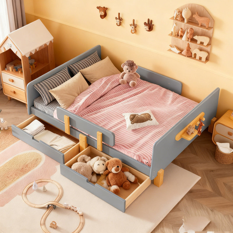 Lit plateforme avec tiroirs de rangement, structure de lit en bois massif avec garde-corps, petite tablette et crochets, Gris