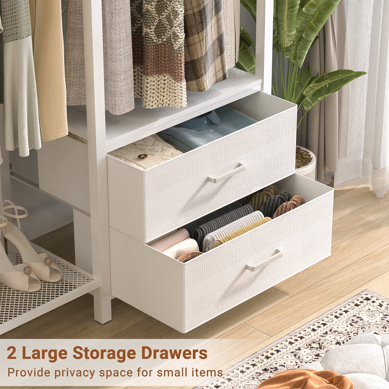 Jeremyiah 6 Tiers Freestanding Portable Closet Wardrobe System Clothing Rack With 2 Drawers, White