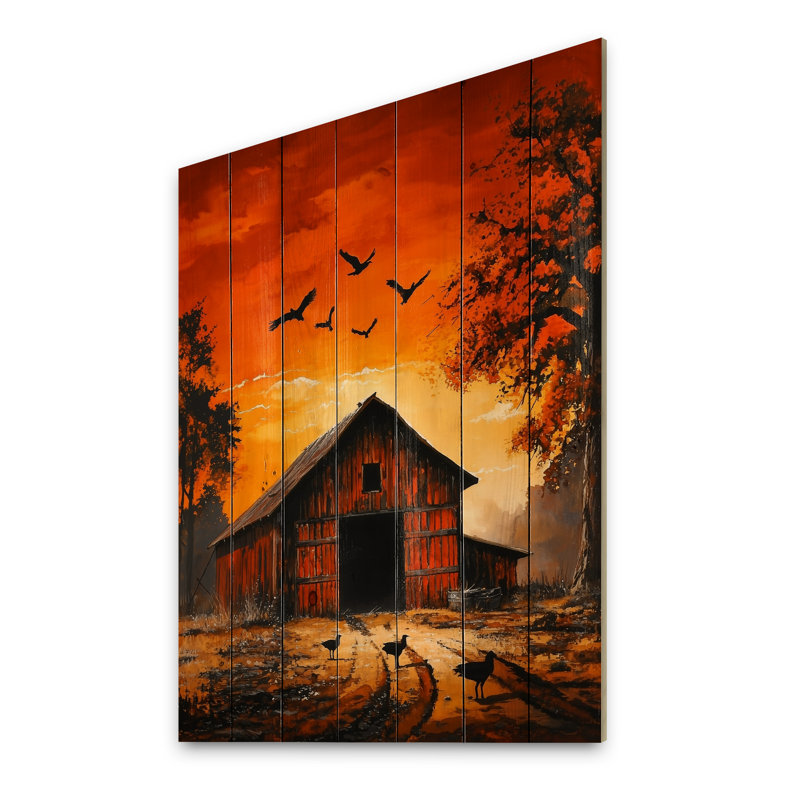 Rustique grange coucher de soleil - campagne paysage mural en bois sur bois de pin naturel, H 44 po x l 34 po