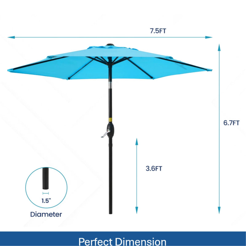 Parasol de marché bleu de 7,5 pi avec auvent, manivelle pour un fonctionnement facile, hexagonal Ft et inclinaison 45, imperméable filé auvent patio et terrasse