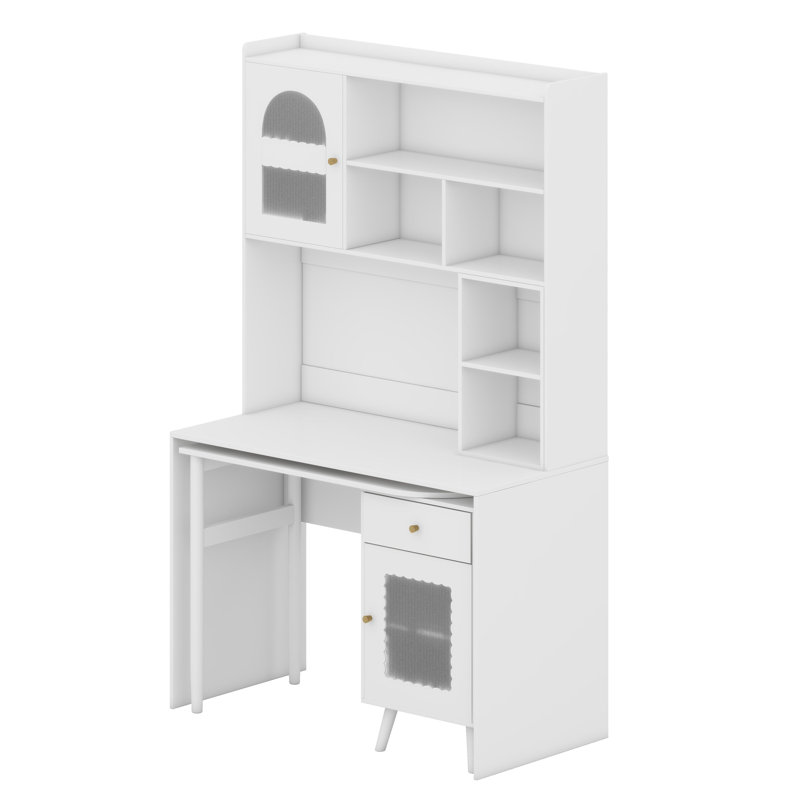 Rotating Computer Desk with Built-in Storage, Drawers, Cabinets and Shelves for Home Office, White