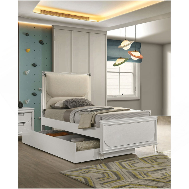 Lit gigogne 1 lit à panneau gaufré à DEL contemporain blanc perle Contemporary Glam non inclus., Lit double