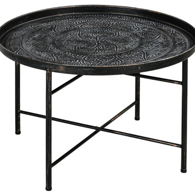 Table basse ronde en métal de 24 po avec motif martelé. Mobilier de salon et de chambre à coucher. Finition métallique brossée à la main, patins réglables, conception robuste et rétro. Table centrale.