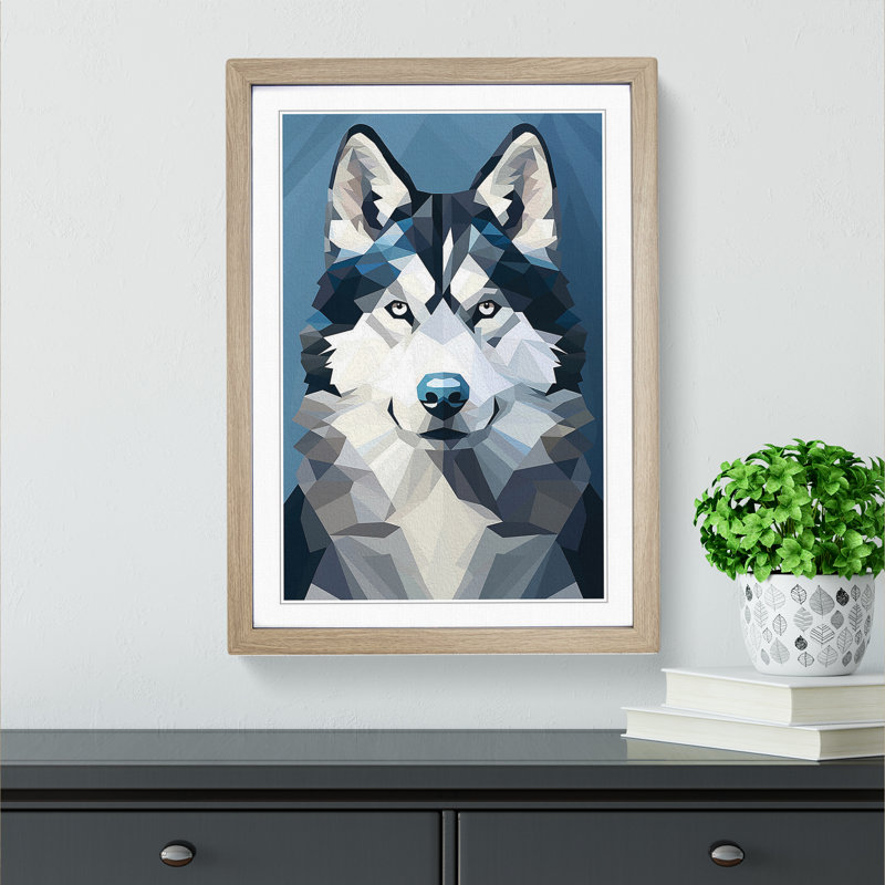 Husky Minimalism Art - Framed Print, 34cm H x 25cm W x 2cm D, Oak Framed
