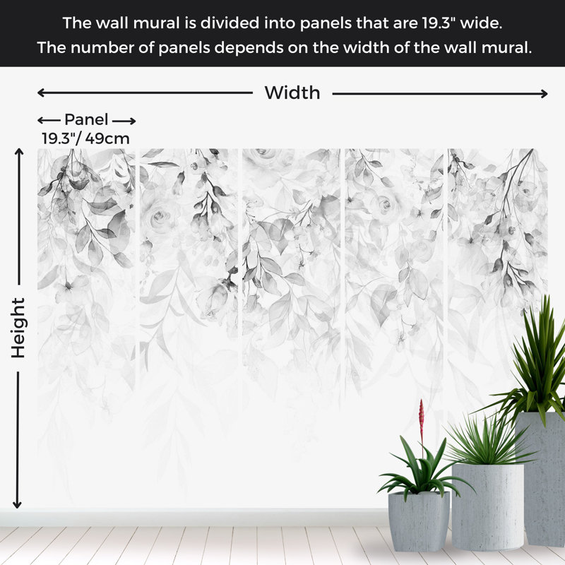 Adhésif mural floral pelez et collez - Chute d'eau de roses - gris, L 57 po x L 41 po