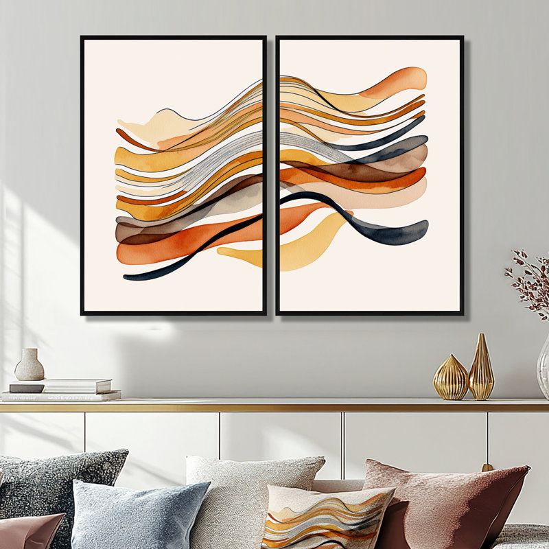 «Burnt Orange Waves Abstract I» - Décoration murale moderne jaune 2 pièces, Black, 36" H x 48" W