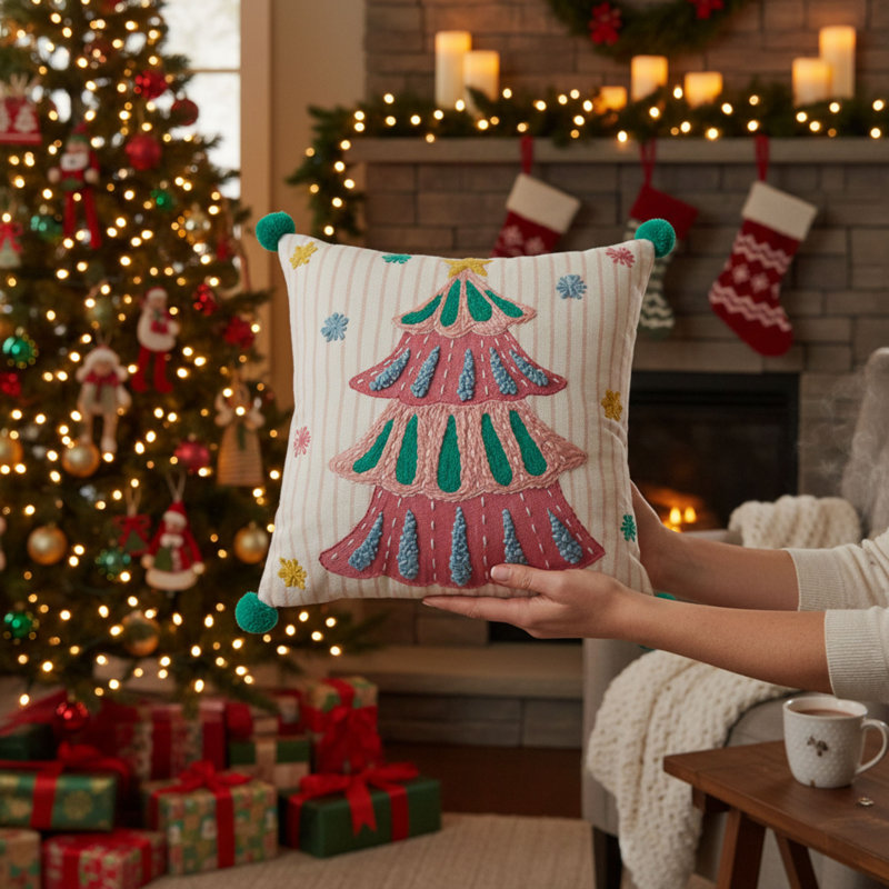 Coussin brodé sapin Holiday Bright avec pompons, Arbre