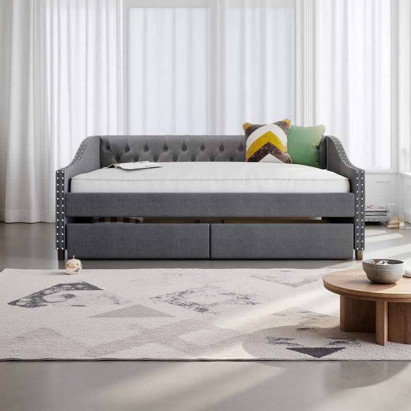 Upholstered Daybed With Two Drawers, Wood Slat Support,Full Size, Gray