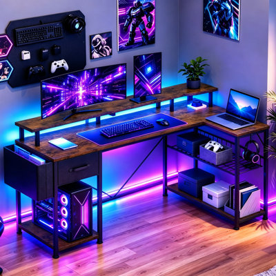 L-Shaped Metal Base Computer Desk with Power Outlet