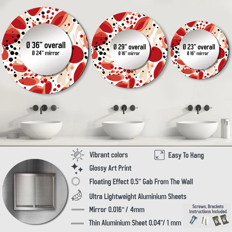 Red And White Polka Dots Pattern - Polka dots  Wall Mirror, Modern Decorative Mirror, Printed Metal Art, 29" x 29", Round