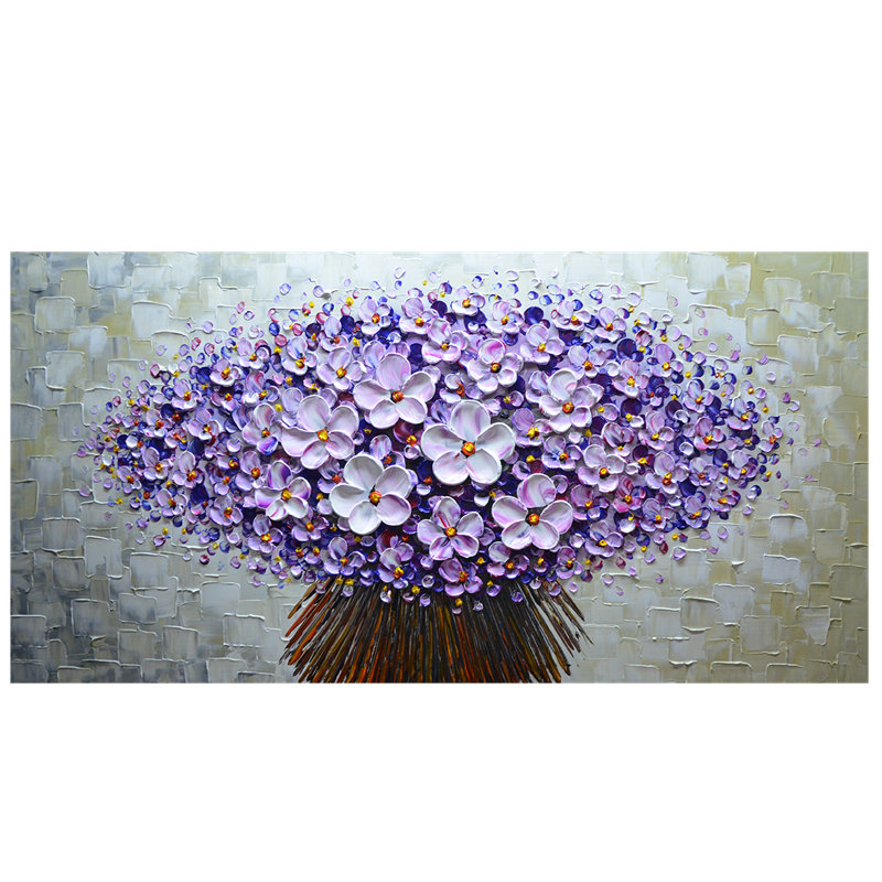 Modern Canvas Art Textured Purple Flower Oil Painting Contemporary Artwork Floral Hangings Stretched And Framed Ready To Hang Wall Decoration Abstract Painting