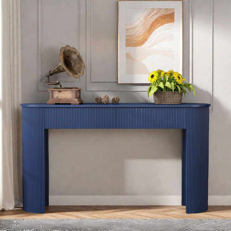 Modern Console Table With Oval Top, 2 Drawers And Fluted Design, Navy