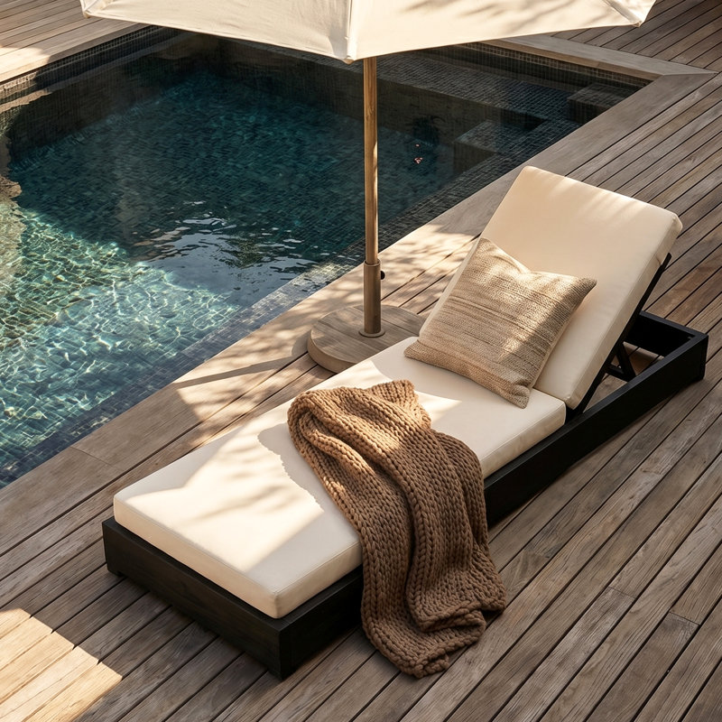 Donnie Reclining Acacia Wood Outdoor Chaise Lounge, Cream Cushion/Black Frame, Set of 1