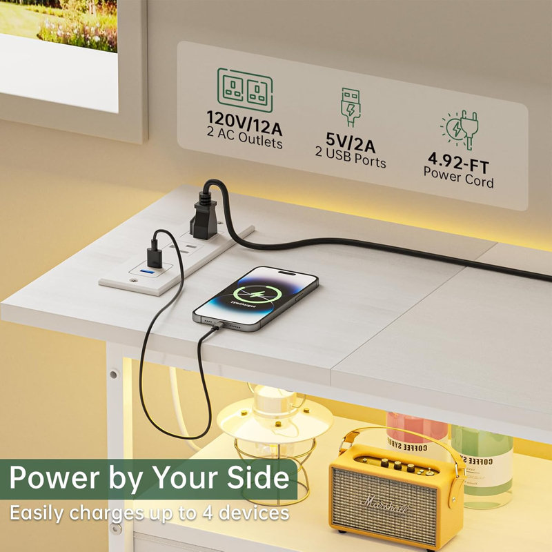 White Slim End Table with LED Light and Charging Station